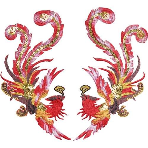 1paris Chinese Phoenix Sequins Embroidered Iron on Patches Creative Red Applique Handmade DIY Clothes Sewing Supplies Accessorie