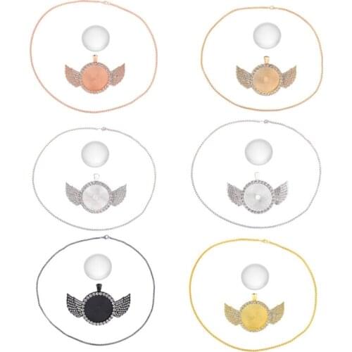 10Pcs Round Rhinestone Bezel Cabochon Trays Wing Photo Pendant Jewelry Making