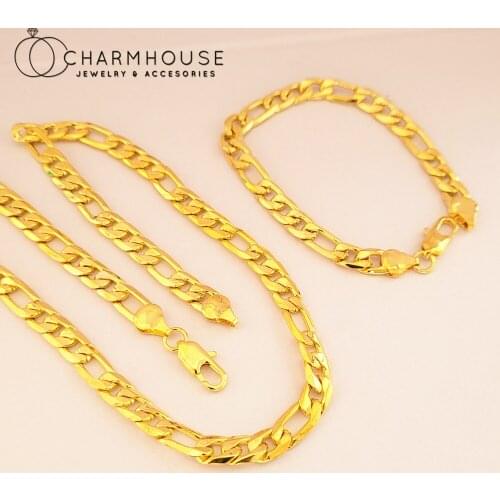 18K Gold Plated Jewelry Sets For Man 8mm Figaro Chain Necklace Bracelet 2 pcs Male Jewellery Set Accessories Party Gifts