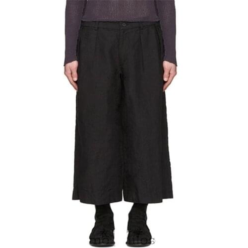 Mens summer casual trousers linen straight trousers wide leg trousers youth fashion sleeve legs nine point black trousers skirt