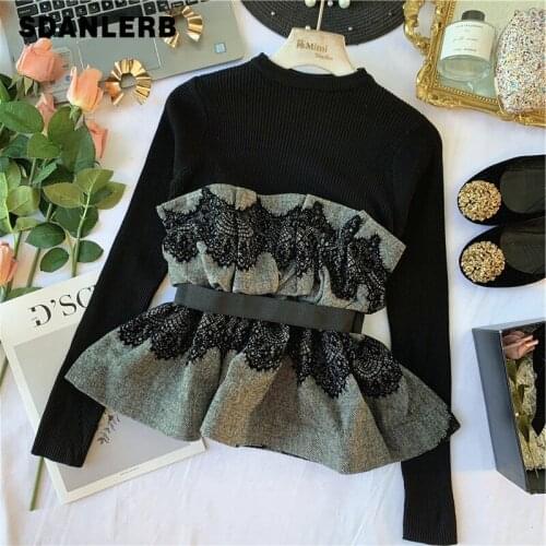 Elegant Retro Lace Ruffles Splicing Knitwear Long Sleeve Skinny Womens Autumn Clothing Slim Waist Vintage Knitted Tops