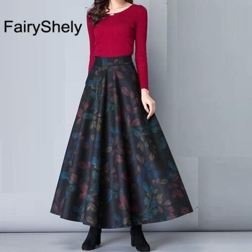 FairyShely 2020 Winter High Waist Pleated Skirt Women Woolen Flared Maxi Skirt Ladies Retro Floral Print Long Skirt Plus Size