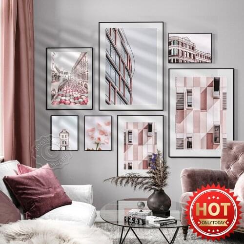 Pink Flower City Buildings Photography Art Poster, Inspirational Words Decor Prints, Geometry Architecture Art Mural, Home Decor