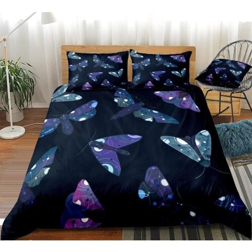 3Pcs Bedding Set Moth Duvet Cover Set Insect Bed Linen Kids Teens Home Textile Moth Bedclothe Purple Blue Bed Set Boys Bed Set