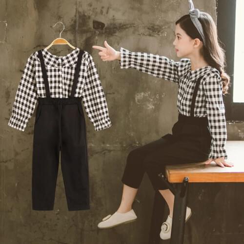 Girls Clothes Sets Spring Autumn Long Sleeve Plaid Shirts + Rompers Pants Kids Fashion Children Clothing Suits Teen 7 10 12 13 Y