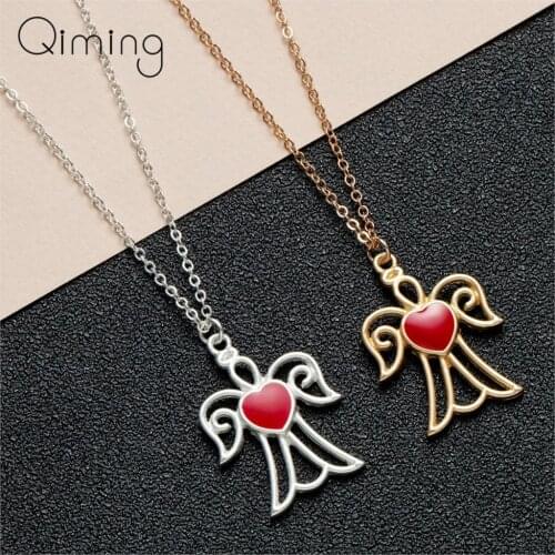 QIMING Angel Wings Statement Necklace With Red Love Heart Guardian Religious Jewelry Gold Silver Chains Cross Necklace Dropship