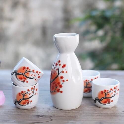 Japanese Sake Set with Four Cups Hand Painted safflower Porcelain Style Pottery Traditional Ceramic Crafts Wine Cup Pot