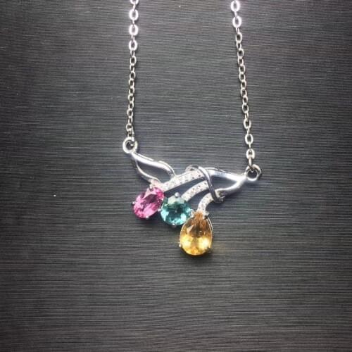 Natural Multicolor tourmaline necklace natural citrine Elegant flowers pendant necklace S925 silver women gift fine jewelery