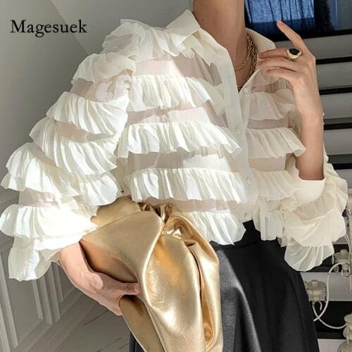 New Loose Turn Down Collar Blouse Women Long Sleeve Spring Korean Ruffles Tops Heavy Work Cupcake Ol Shirt Feminino Blusas 13336