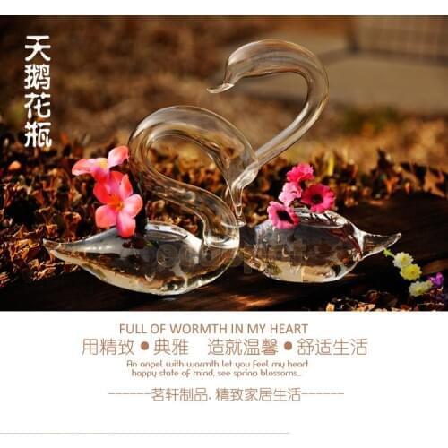 Pair Swan Shaped Glass Bottle Flower Vase Hydroponic Container Wedding Decor