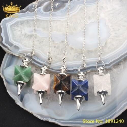 5pcs Natural Lapis Tiger Eye Stone Pendulum Pendant Jewelry,Silvery Crystal Beads Pendulum Chains Charms For DIY Jewelry Making