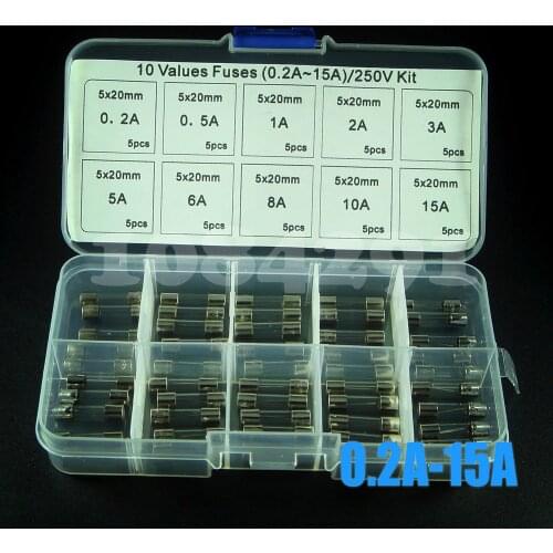 50pcs/set Fast Quick Blow Glass Tube Fuses Assortment Kit 5x20mm 0.2A,0.5A,1A,2A,3A,5A,6A,8A,10A,15A/250V+ Box