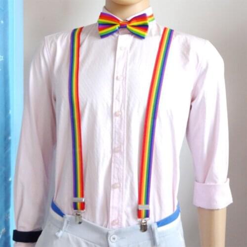 40GC Unisex Wide Adjustable Y-Back Suspenders Rainbow Colorful Striped Belt with Clip