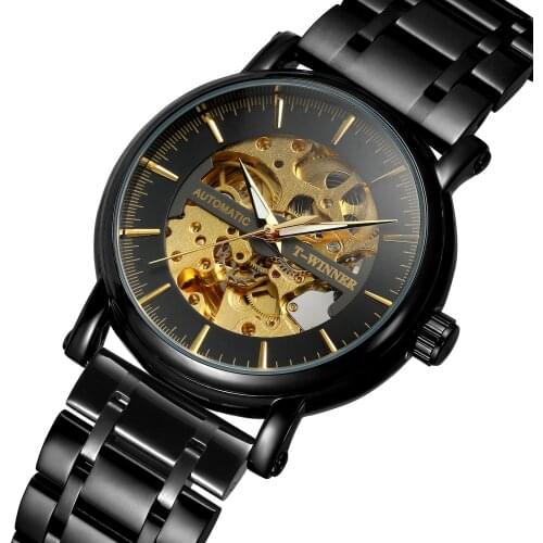 T-Winner Fashion Popular Skeleton Watch Automatic Mechanical Movement Skeleton Men Clock High Quality Stainless Steel Bracelet