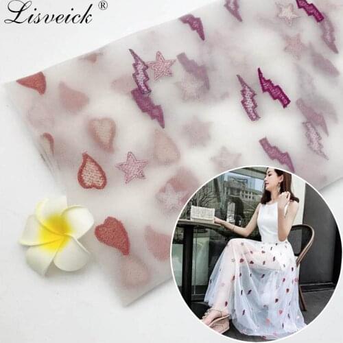 1meter 135cm Stars love embroidered tulle soft mesh fabric girls clothes women dress kids' wear material diy sewing supplies