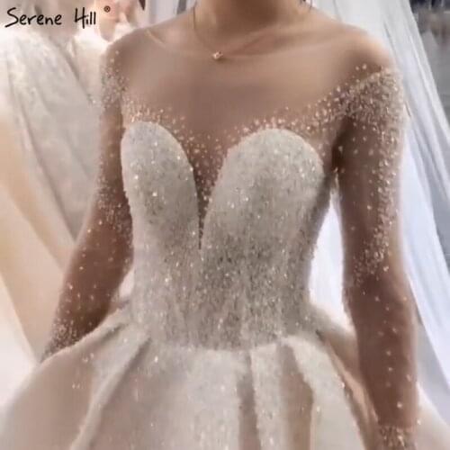 Dubai White Sparkle High-end Vintage Wedding Dresses Long Sleeve Beading Pearls 2020 Bridal Gowns DHA2287 Custom Made
