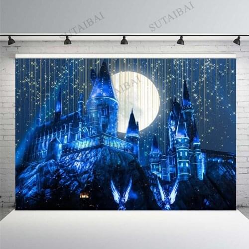 Magic School Castle Backdrop Photography Halloween Night Moon Stars Gold Glitter Twinkle Birthday Party Photo Studio Background