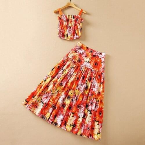 European and American womens wear for summer 2021 Condole belt vest Chrysanthemum print pleated skirt fashion Cotton suit