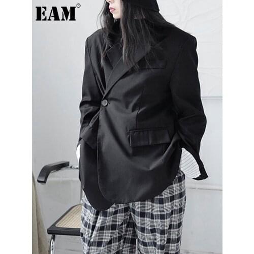 [EAM] Women Striped Spliced Blazer New Notched Collar Long Sleeve Loose Fit Jacket Fashion Tide Spring Autumn 2021 1DD3725