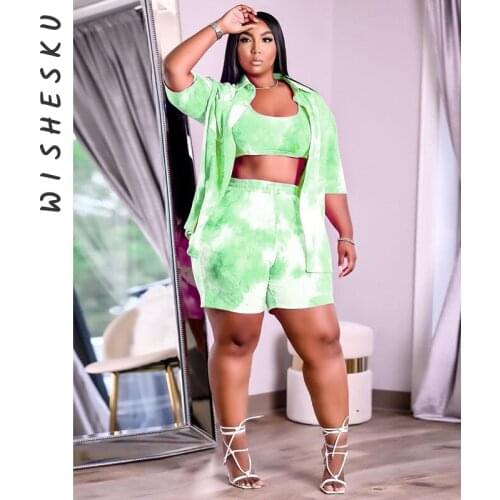 Tie Dye Printed Basic Sleeveless Tank Crop Top +Oversized Blouse +Skinny Shorts Three Piece Set Women Summer Casual Outfits XXXL