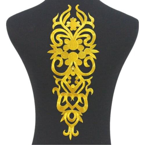 Gold Embroidered Patches Iron On Appliqued Flower Vintage Diy Trims Shiny Metallic Gold And Silver 13.8cm*36.9cm
