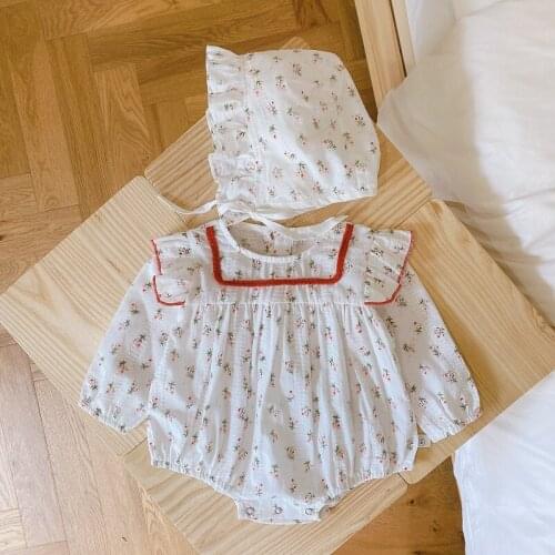 0-2Years Newborn Baby Girl Floral Romper Long Sleeve Lace Flower Princess Bodysuit with Hat 2PCS Sunsuit Clothes