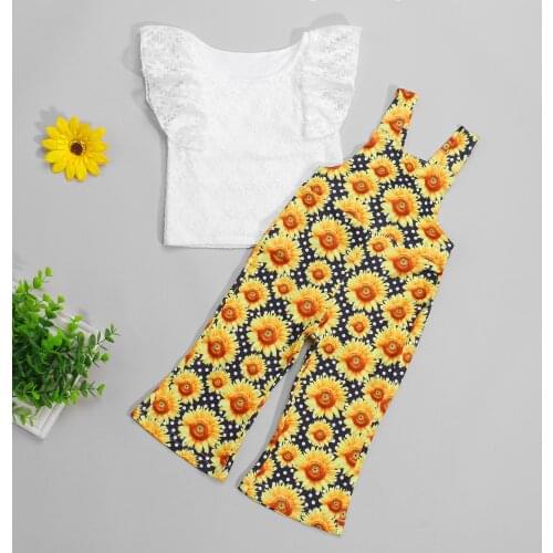 Fashion Children Girls Summer Clothes Sets 2pcs Lace Short Sleeve T Shirts Tops Sunflowers Suspenders Pants Outfit