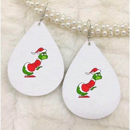 Glitter Christmas Grinch Earrings Color Faux Leather Two Layers Thanks Giving Gift Double Print Bulk Order