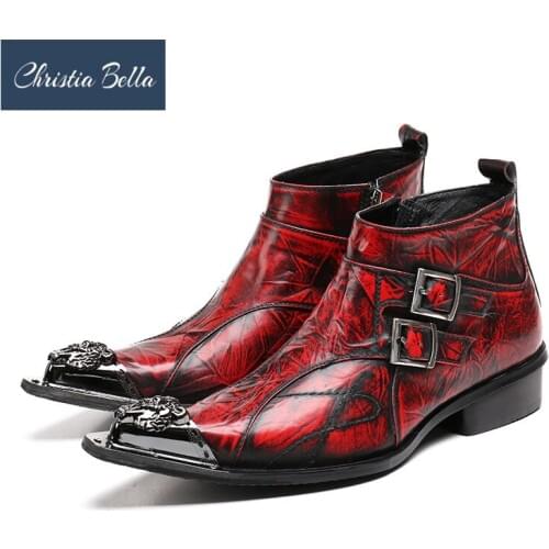 Christia Bella Winter Stripe Men Shoes Genuine Leather Boots Fashion Metal Toe Boots Plus Size Ankle Boots Buckle Strap Boots