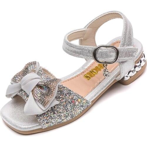CUZULLAA Children Girls Hook & Loop Glitter Butterfly-Knot Beach Sandals For Kids Non-slip Summer Shoes Size 26-36