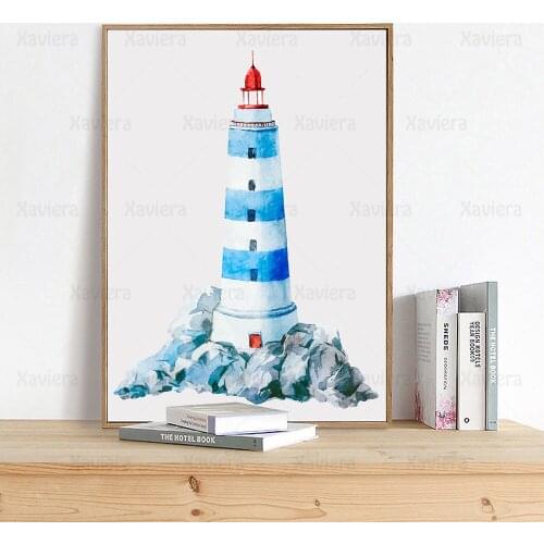 Childrens Room Cartoon Red Blue Lighthouse Poster Hand-Painted Print Canvas Painting Art Picture Nursery Kids Room Decoration