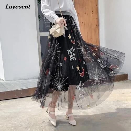 Y2k Girl Black Beige Sequined Long Skirt Lady Mesh Shining Embroidery Crescent Star Pegasus Gothic Skirts Elastic Waist Oversize