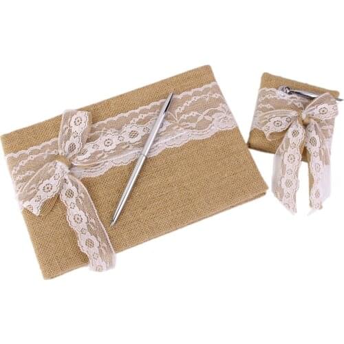 Elegant Vintage Wedding Burlap Hessian Lace Bowknot Guest Book Pen Sets