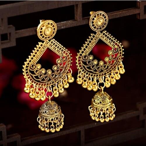 Ethnic Women Big Gold Dangle Earrings Jhumka Indian Earrings Vintage Drop Earring Lantern Tassel Palace Orecchini Donna HXE095