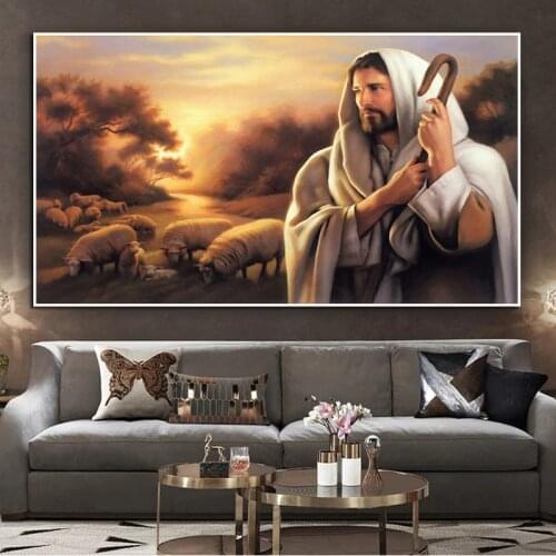 Jesus Herding Sheep Oil Painting on Canvas Mural Art Posters and Prints Print Pictures Wall Art Cuadros Home Room Decoration
