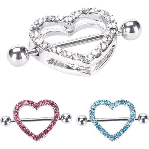 1PCS Heart Rings Nipple Ring Barbell Body Piercing Jewelry Sexy Crystal Gifts Love Hearts Nipple Bar Rings Blue Pink White