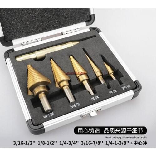 5pcs Imperial Triangle Handle Ladder Bit Electric Tools Accessories Titanium Step Drills + Yellow Center Punch Aluminum Boxed
