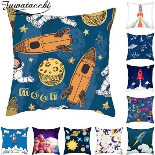 Fuwatacchi Cartoon Rocket Cushion Cover Satellite Printed Pillows Covers for Home Car Sofa Chair Decoration Pillowcases 45x45cm