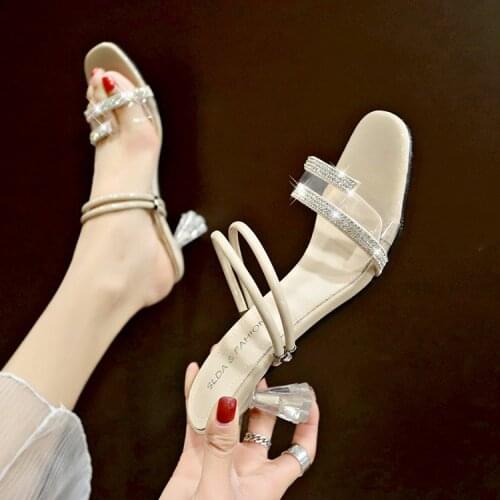 Summer New Rhinestones Open Toe Sandals Crystal Stiletto Heels 2019 Fashion Two Wear Out A Word Slippers Women