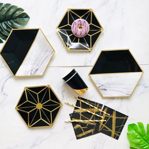 Gold Marble Series Disposable Tableware Gold Black Pink Paper Straw Plates Cups Napkins Kids Birthday Wedding Party Decorates