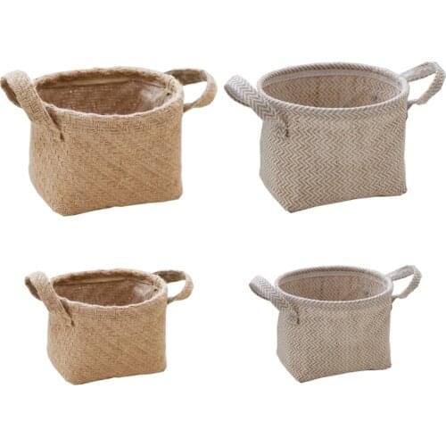 Rustic Woven Jute Laundry Storage Basket Braided Rope Caddy Bin with Handles Flower Pot Kids Toys Sundries Organizer