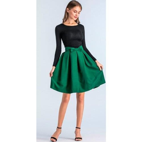 Causual Bow Pleated Women Skater Skirts Knee Length Summer High Waist Ladies Solid Black Ball Gown Saia