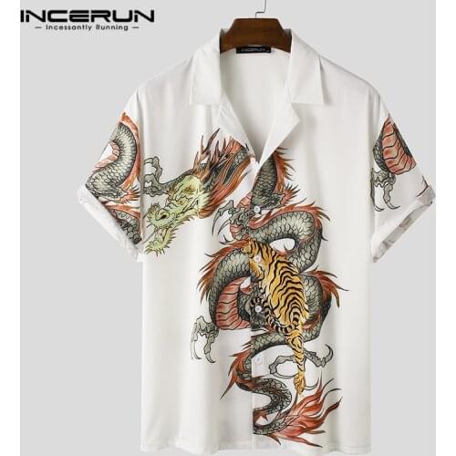 INCERUN Vintage Button Camisa Fashion Printed Men Shirts Short Sleeve Turn Down Collar Blouse Man Loose Dragon Floral Shirts 5XL