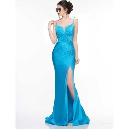 Sexy High Split Evening Dresses Red Satin Spaghetti Straps Wedding Party Dresses Women Sheath vestidos de fiesta