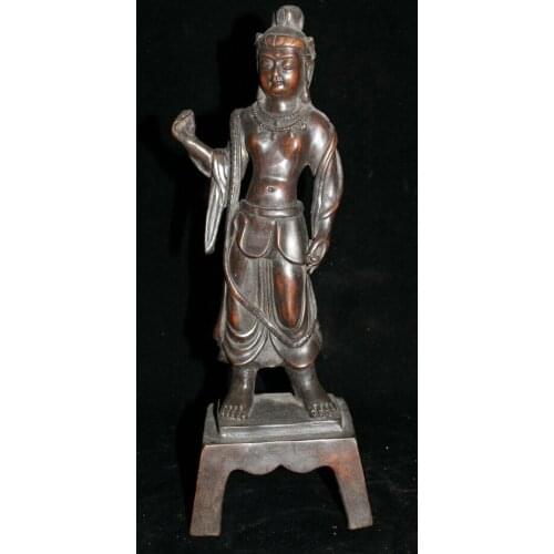 11" Old China Buddhiam Temple Bronze Kwna-yin GuanYin Boddhisattva Buddha Statue
