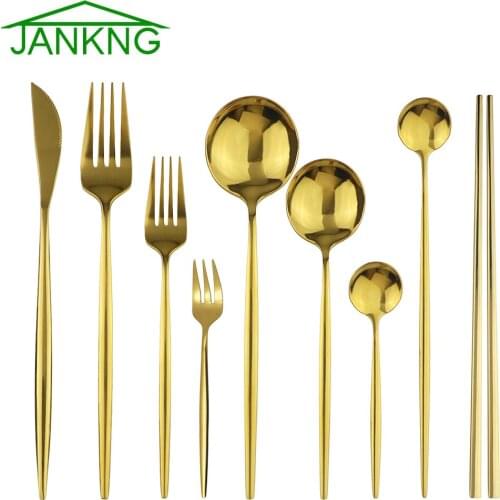 Gold Stainless Steel Tableware Knife Fork Spoon Dinnerware Set Chopsticks Cake Fork Kitchen Flatware Silverware Luxury Cutlery