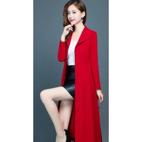 Spring Autumn Women Trench Coat Long Sleeve Trun-Down Collar Single Breasted Office Lady Elegant Slim Red Windbreaker Outwear