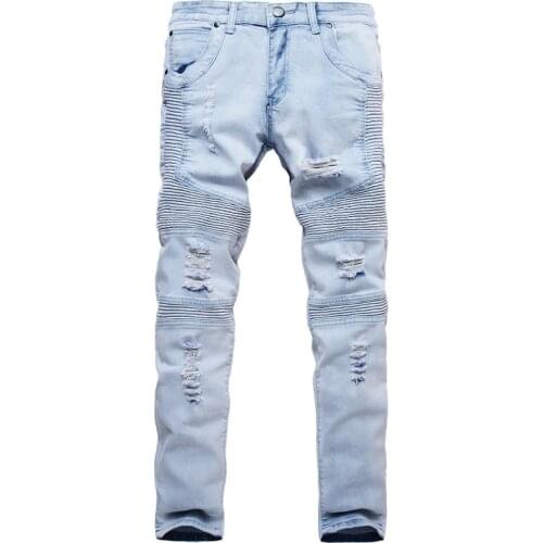 Top quality 2020 Fashion Casual Ripped hole Fold pleated jeans male Stretch feet Pleated mens jeans hip hop pencil pants