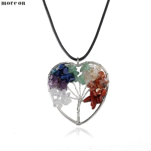 Handmade Jewelry Tree of Life Necklace Choker Natural Stone Pendant Necklaces Crushed Heart Shaped Bijoux For Women Girls Gifts