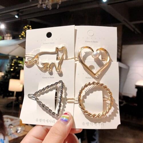 New Women Hair Accessories Star Moon Metal Hairpins Square Round Geometric Hair Clips Cat Pearl Barrettes Heart-shaped Hair Snap